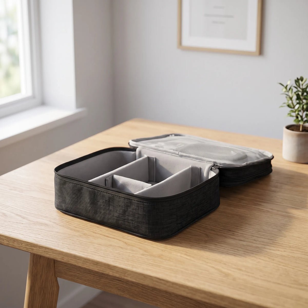 Travel cable organizer bag with water-resistant exterior and adjustable dividers