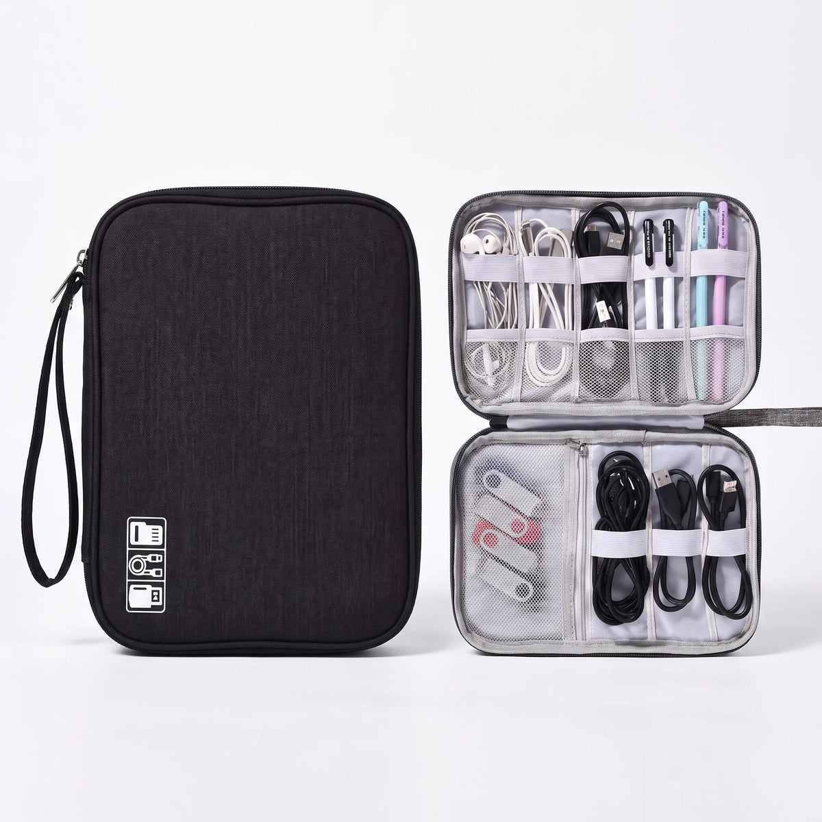 Travel cable organizer bag with water-resistant exterior and adjustable dividers