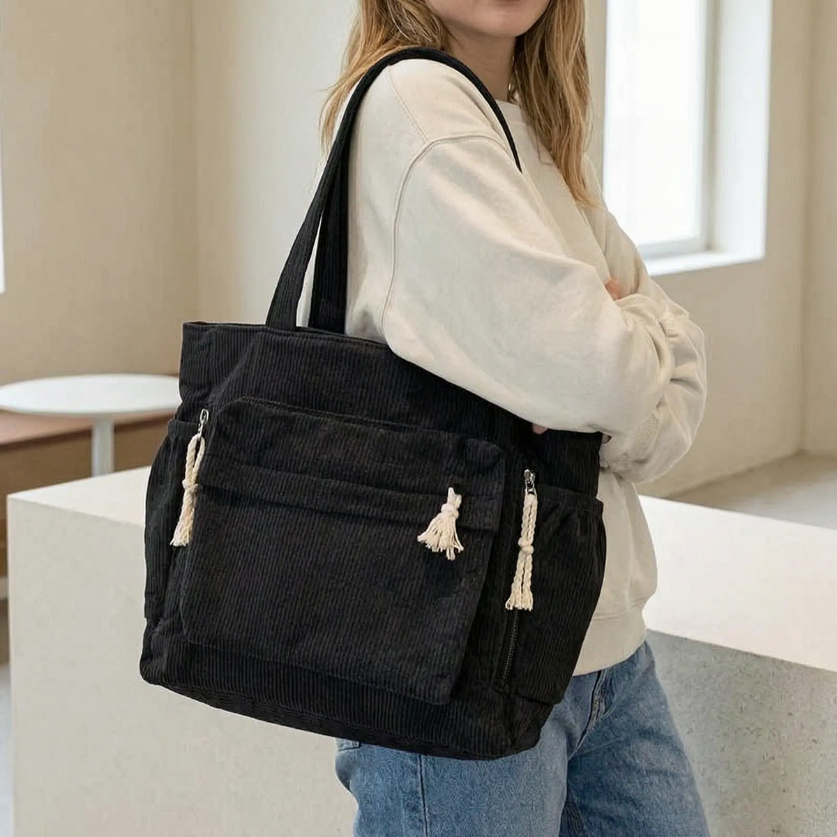 Shoulder bags women corduroy tote with multiple zip pockets and rope detail