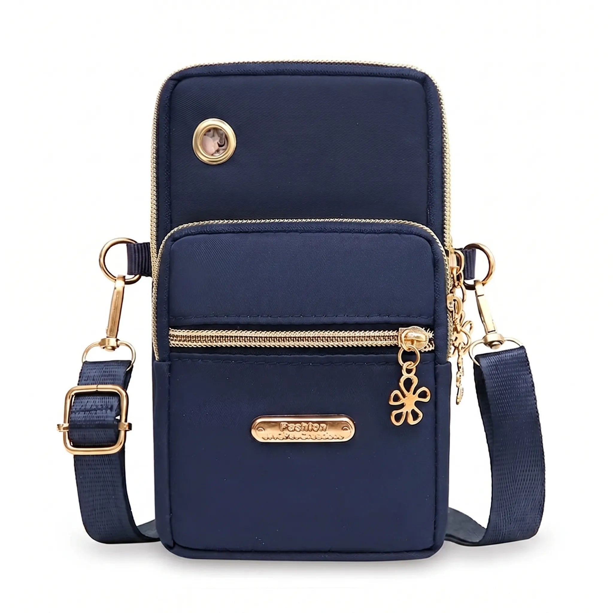 Compact crossbody bag with multiple zip pockets and adjustable strap