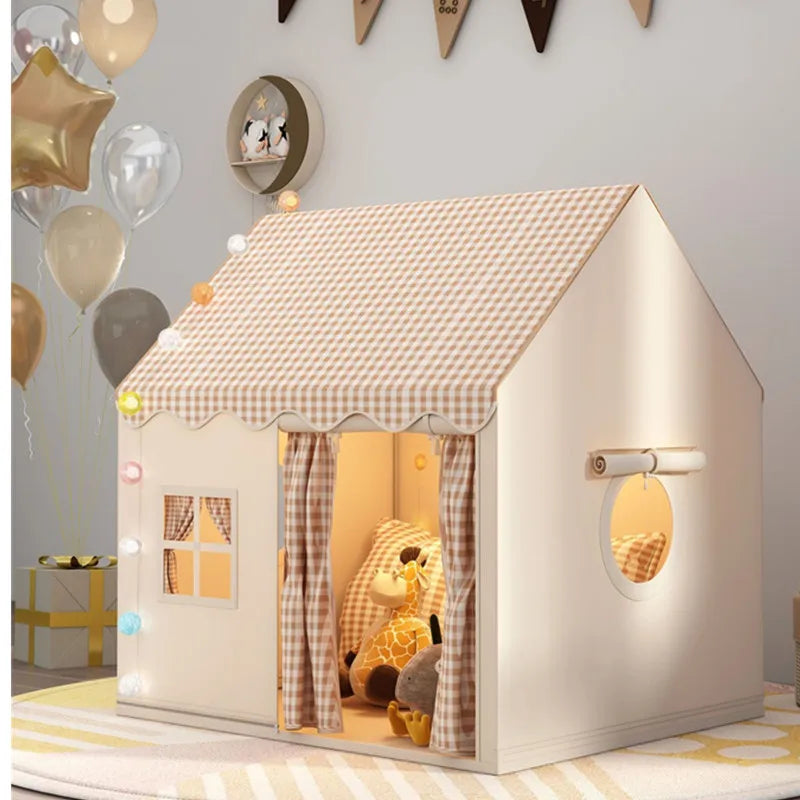 Foldable kids play tent with castle-inspired design and gingham roof