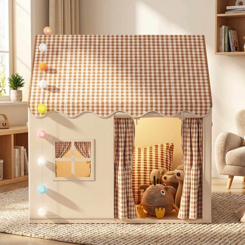 Foldable kids play tent with castle-inspired design and gingham roof