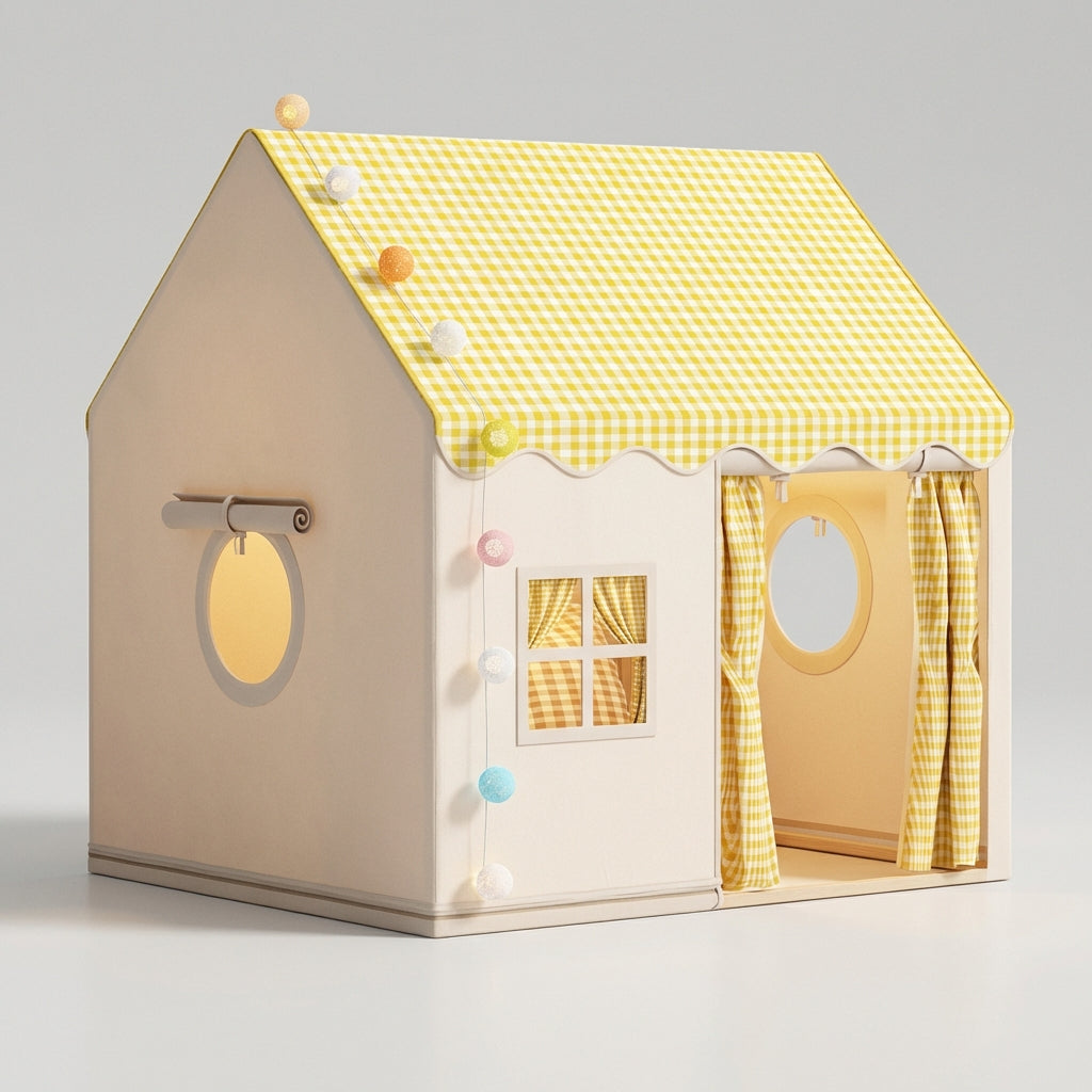 Foldable kids play tent with castle-inspired design and gingham roof