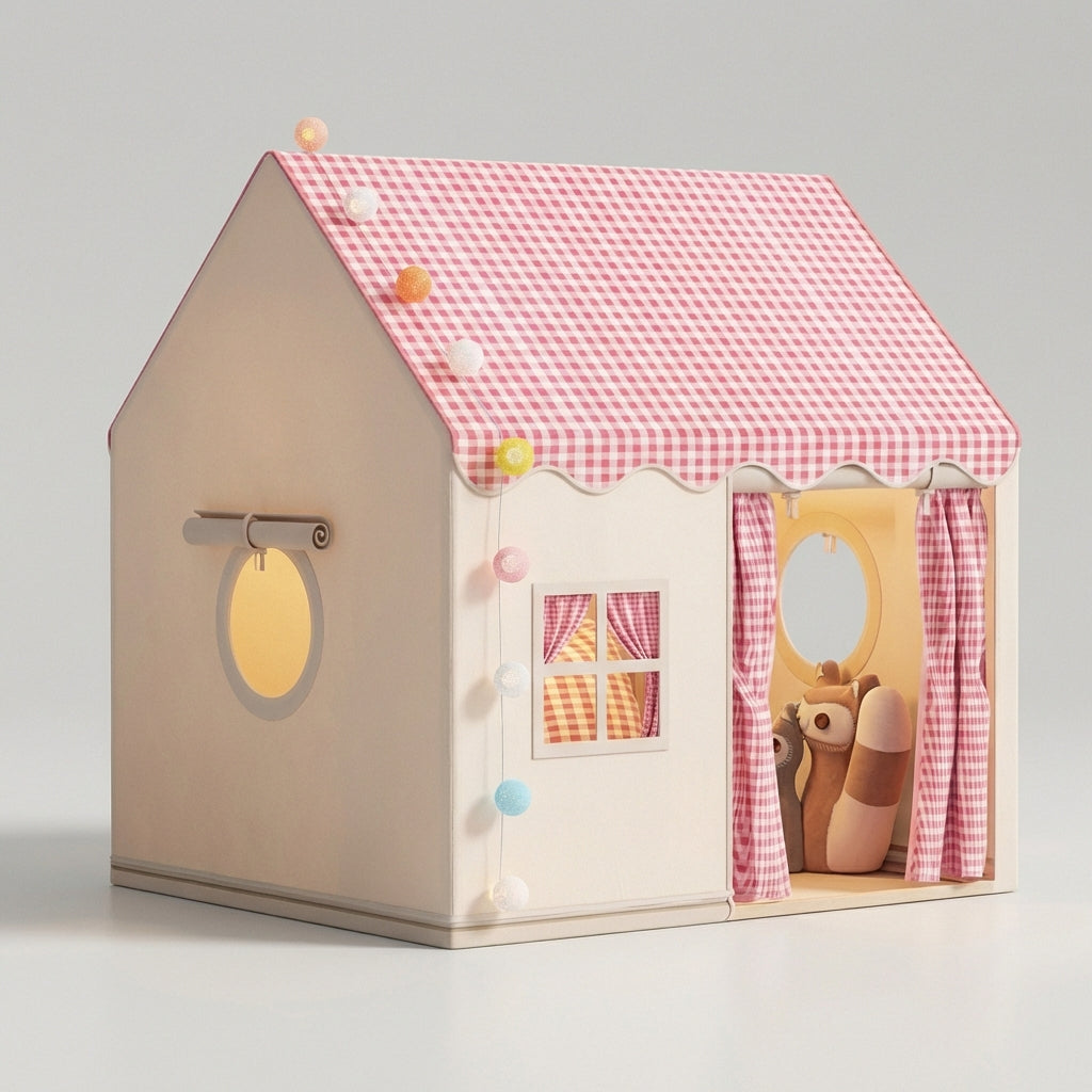 Foldable kids play tent with castle-inspired design and gingham roof
