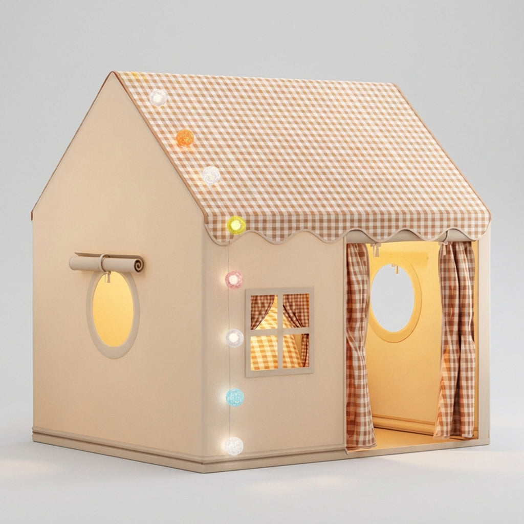 Foldable kids play tent with castle-inspired design and gingham roof