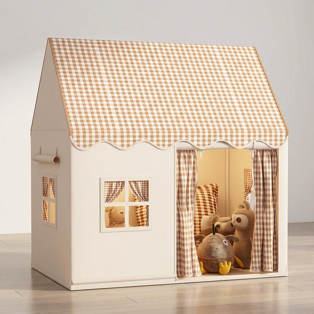 Foldable kids play tent with castle-inspired design and gingham roof