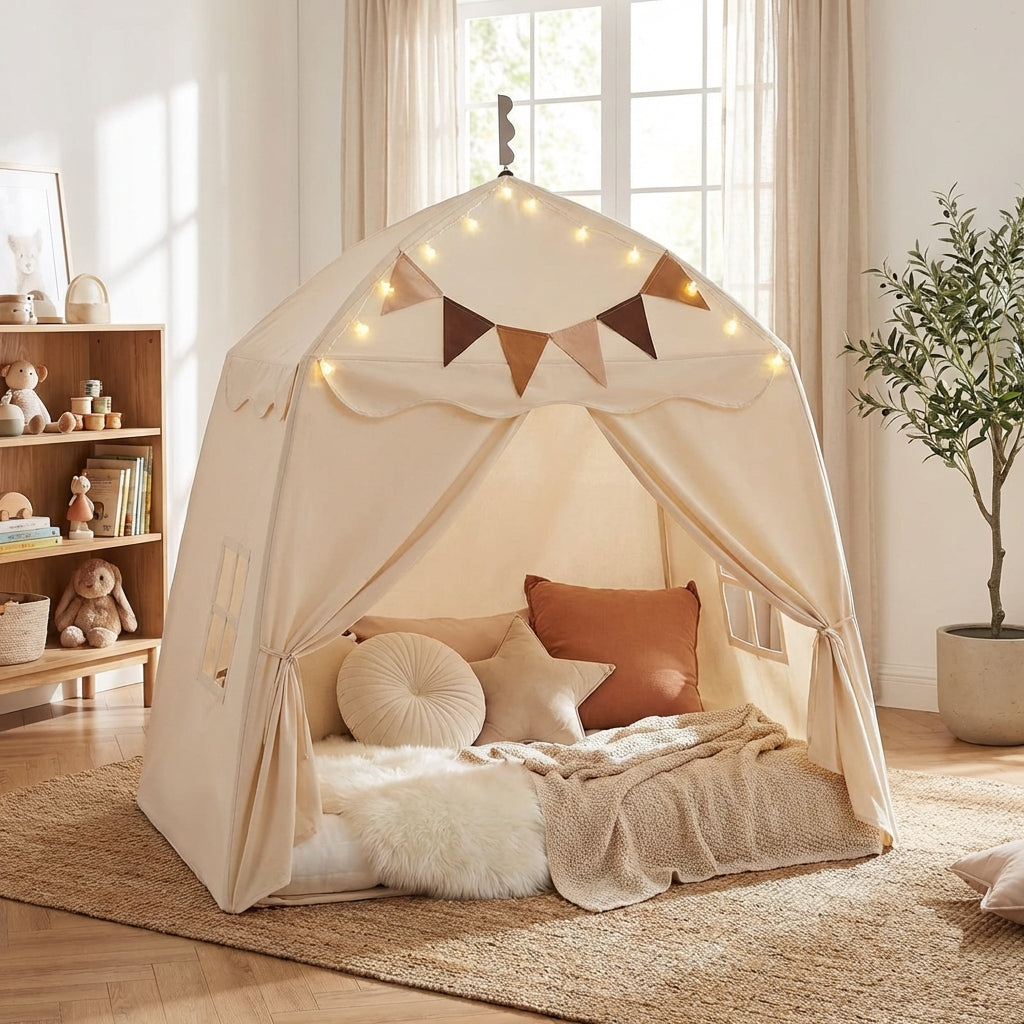 Collapsible kids play tent with castle-style roof and pennant details