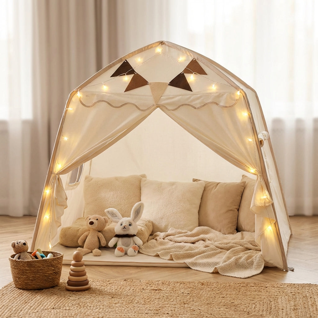 Collapsible kids play tent with castle-style roof and pennant details