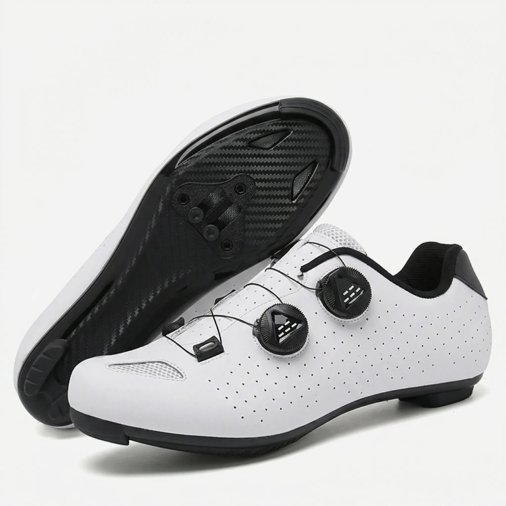 Cleat-compatible cycling shoe with dual rotary dial closure system for road and mountain biking