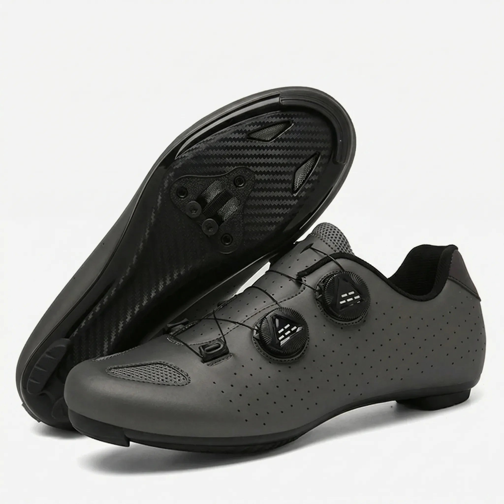 Cleat-compatible cycling shoe with dual rotary dial closure system for road and mountain biking