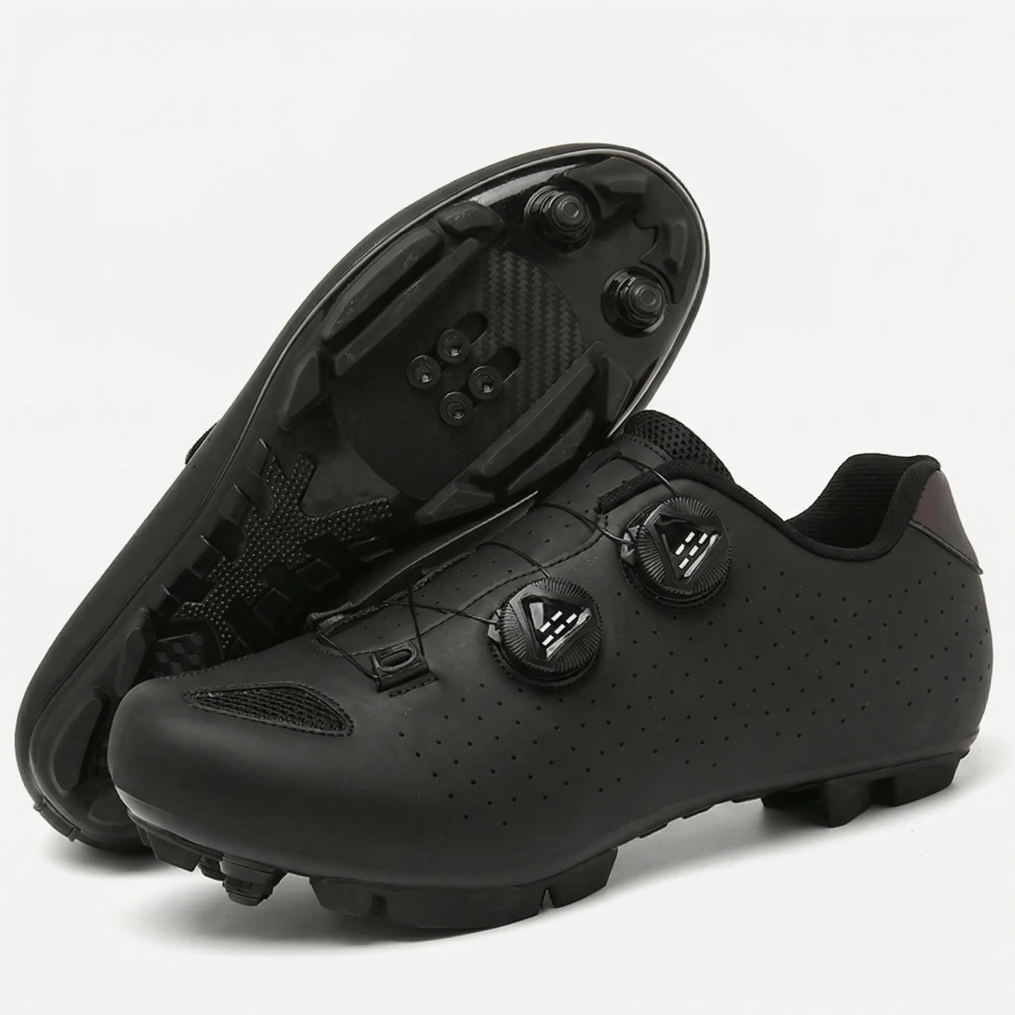 Cleat-compatible cycling shoe with dual rotary dial closure system for road and mountain biking