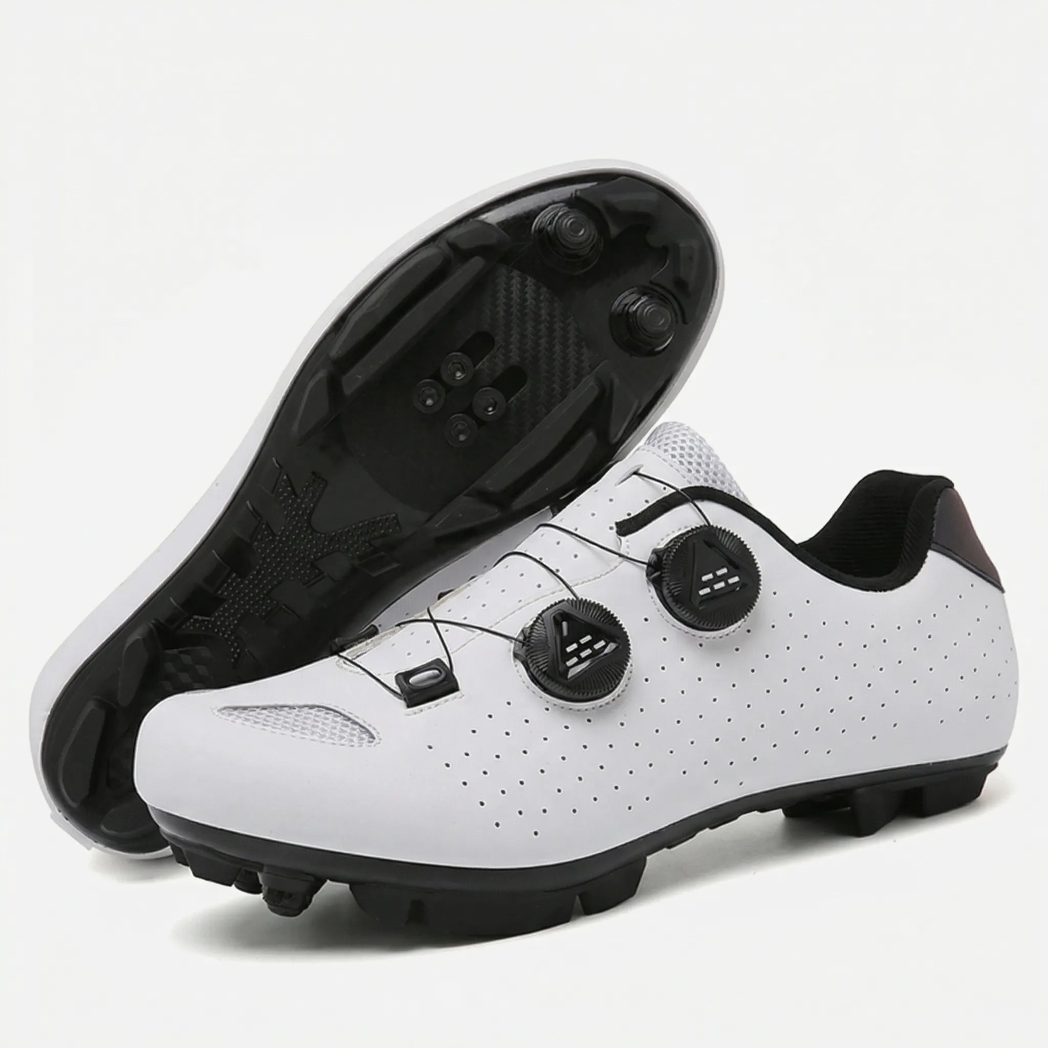 Cleat-compatible cycling shoe with dual rotary dial closure system for road and mountain biking