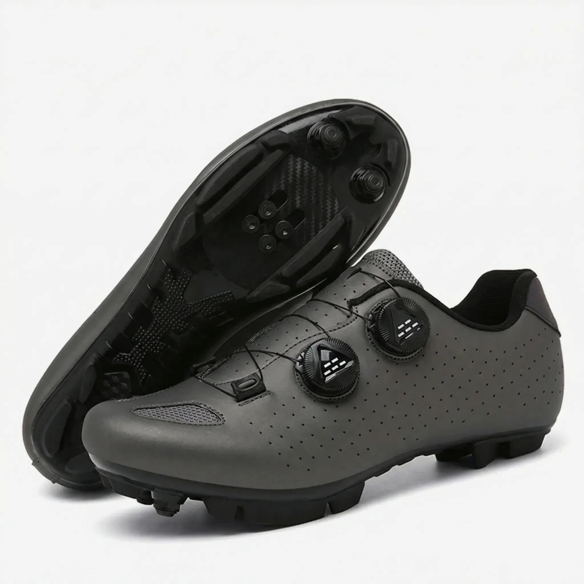 Cleat-compatible cycling shoe with dual rotary dial closure system for road and mountain biking