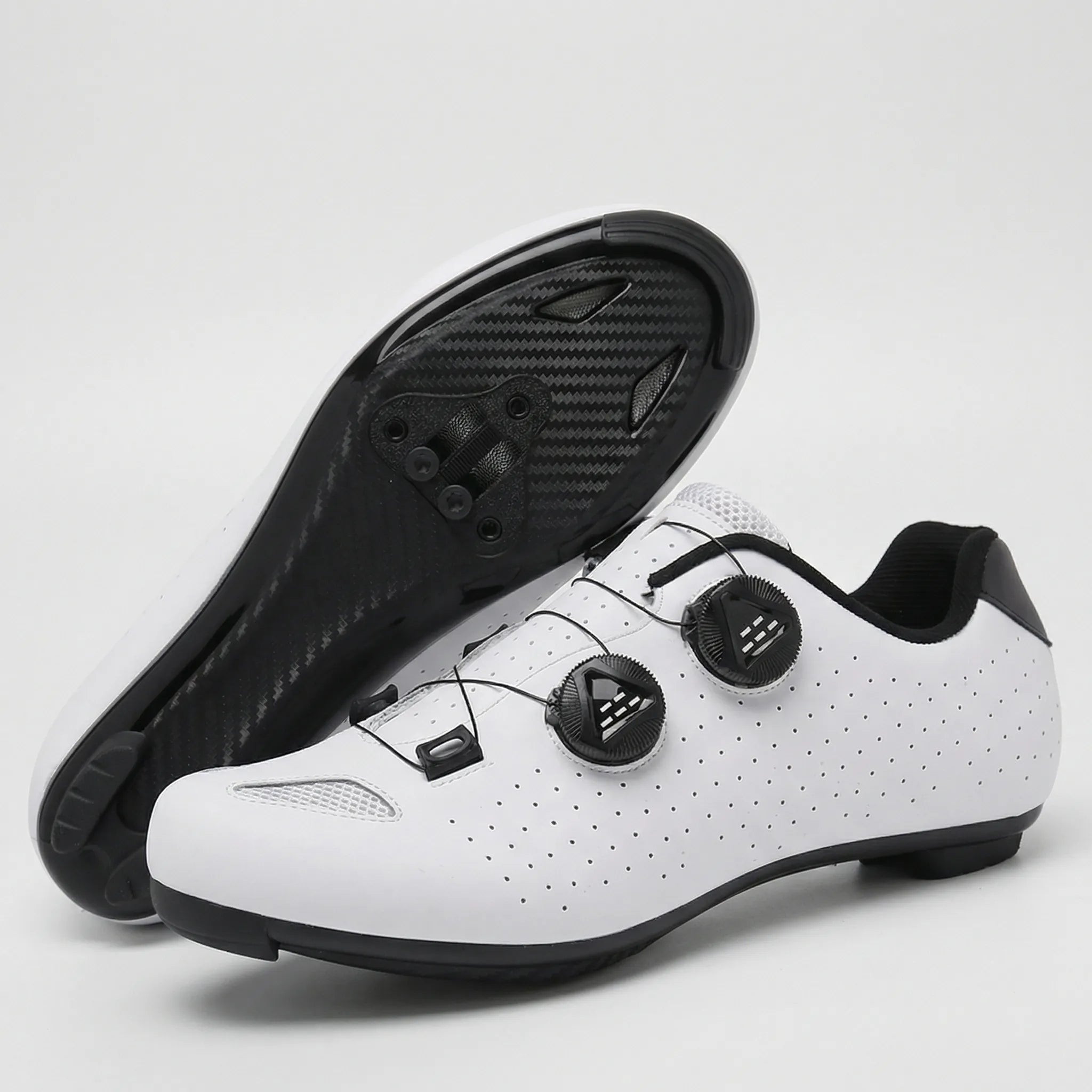 Cleat-compatible cycling shoe with dual rotary dial closure system for road and mountain biking