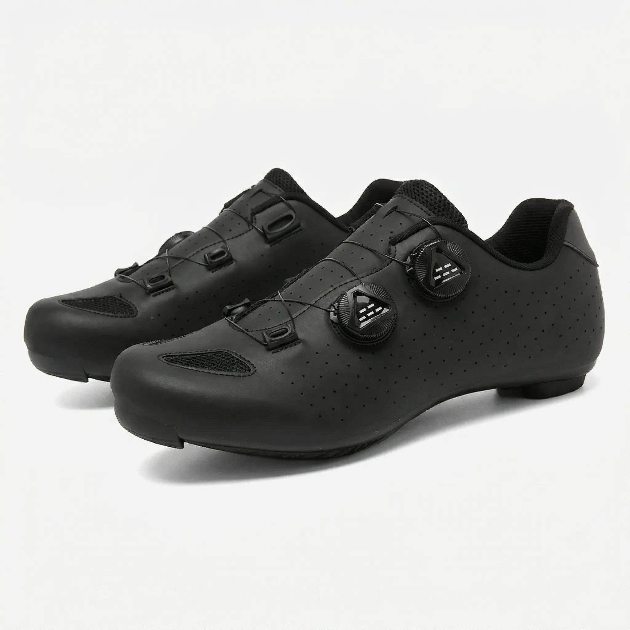 Cleat-compatible cycling shoe with dual rotary dial closure system for road and mountain biking