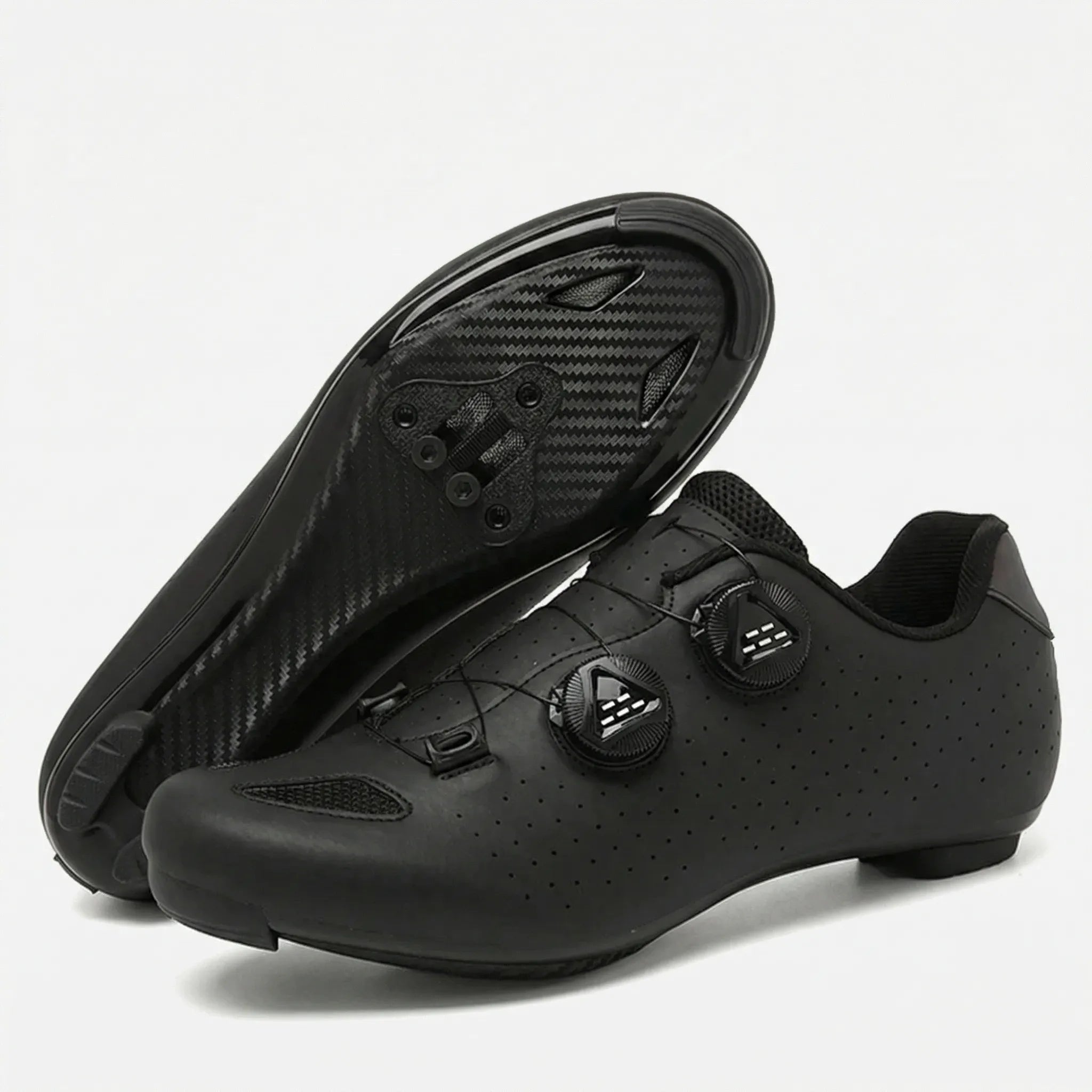 Cleat-compatible cycling shoe with dual rotary dial closure system for road and mountain biking