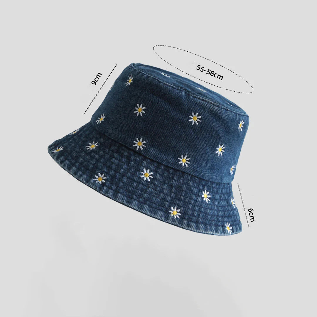 Daisy embroidered bucket hat with wide brim and washed denim finish