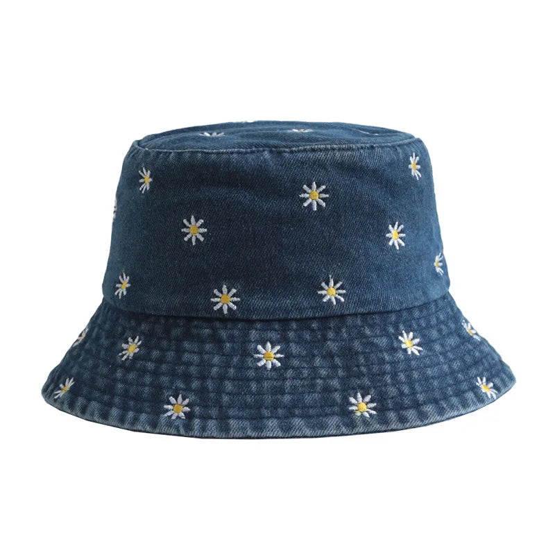 Daisy embroidered bucket hat with wide brim and washed denim finish