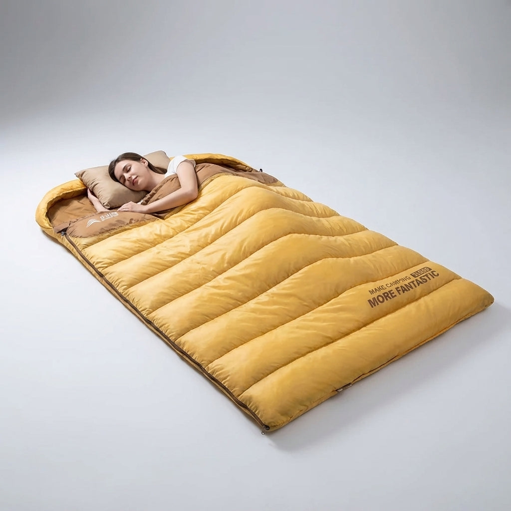 Two-person camping sleeping bag with double envelope design