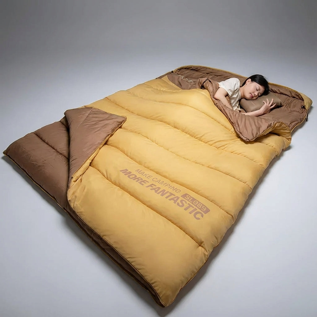 Two-person camping sleeping bag with double envelope design
