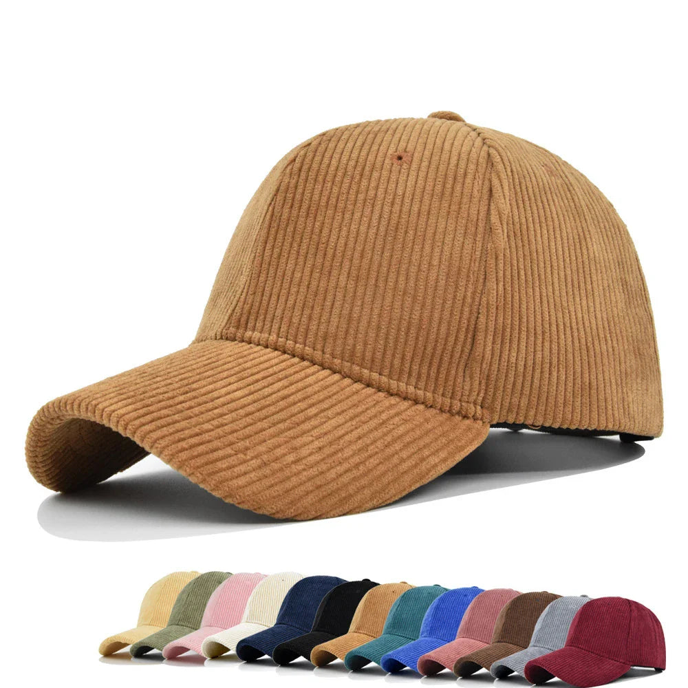 Corduroy baseball cap with curved brim and structured crown