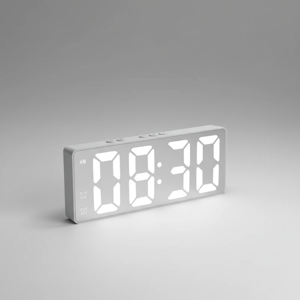 Digital alarm clock with LED mirror display and temperature readout