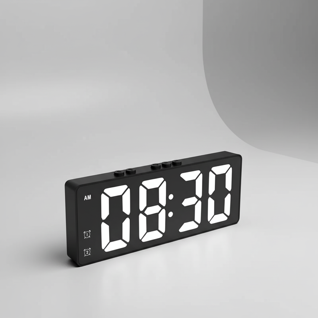 Digital alarm clock with LED mirror display and temperature readout