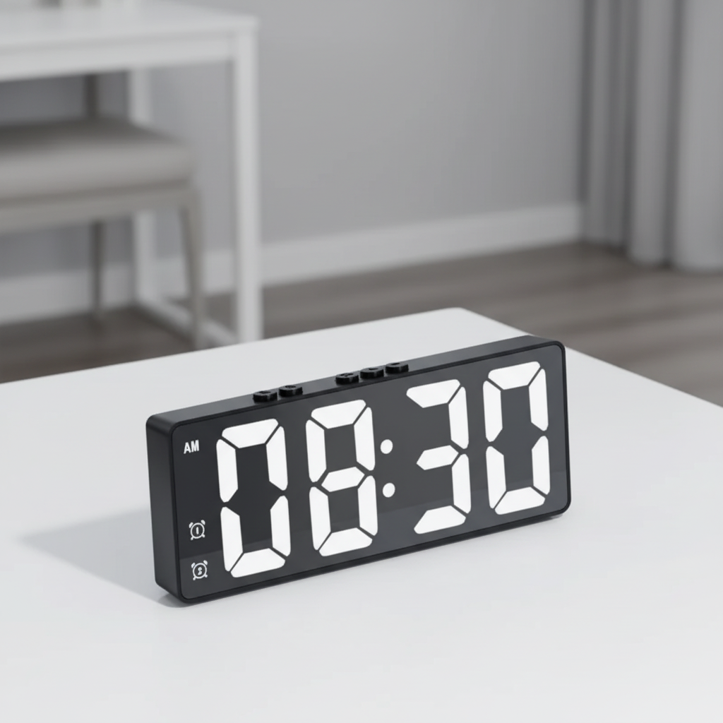 Digital alarm clock with LED mirror display and temperature readout