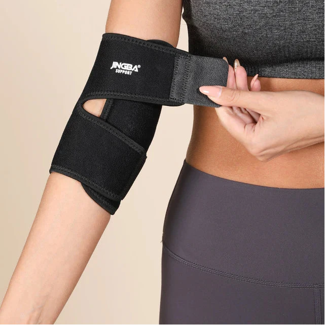 Adjustable elbow compression brace with targeted support and breathable design