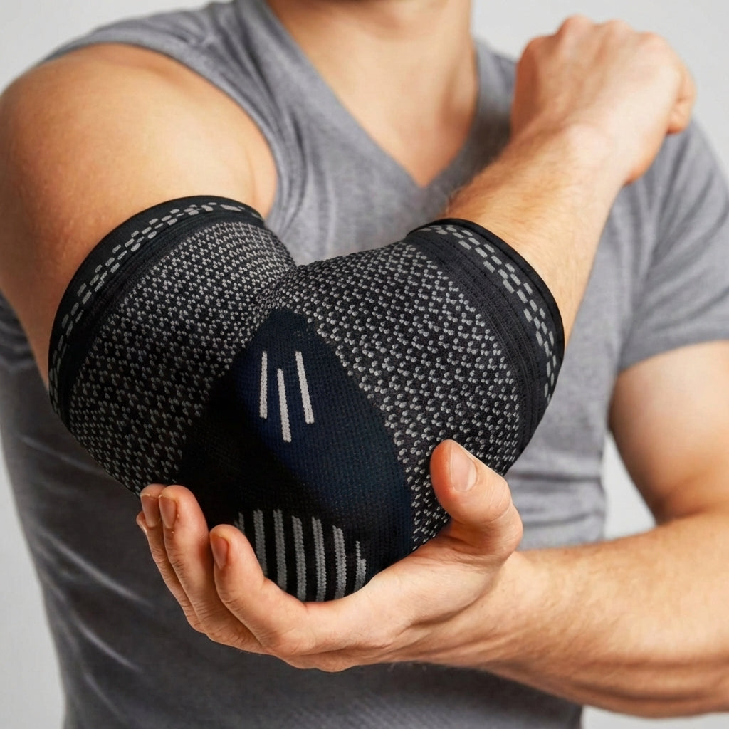 Breathable compression elbow sleeve with graduated support and low-profile fit
