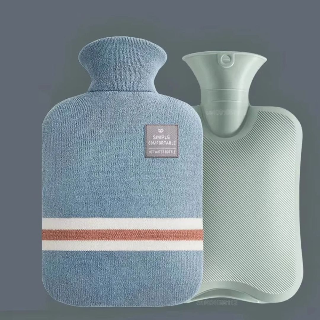 Extra large hot water bottle with soft knit cover for warmth and comfort
