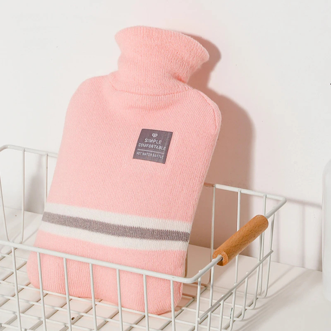 Extra large hot water bottle with soft knit cover for warmth and comfort