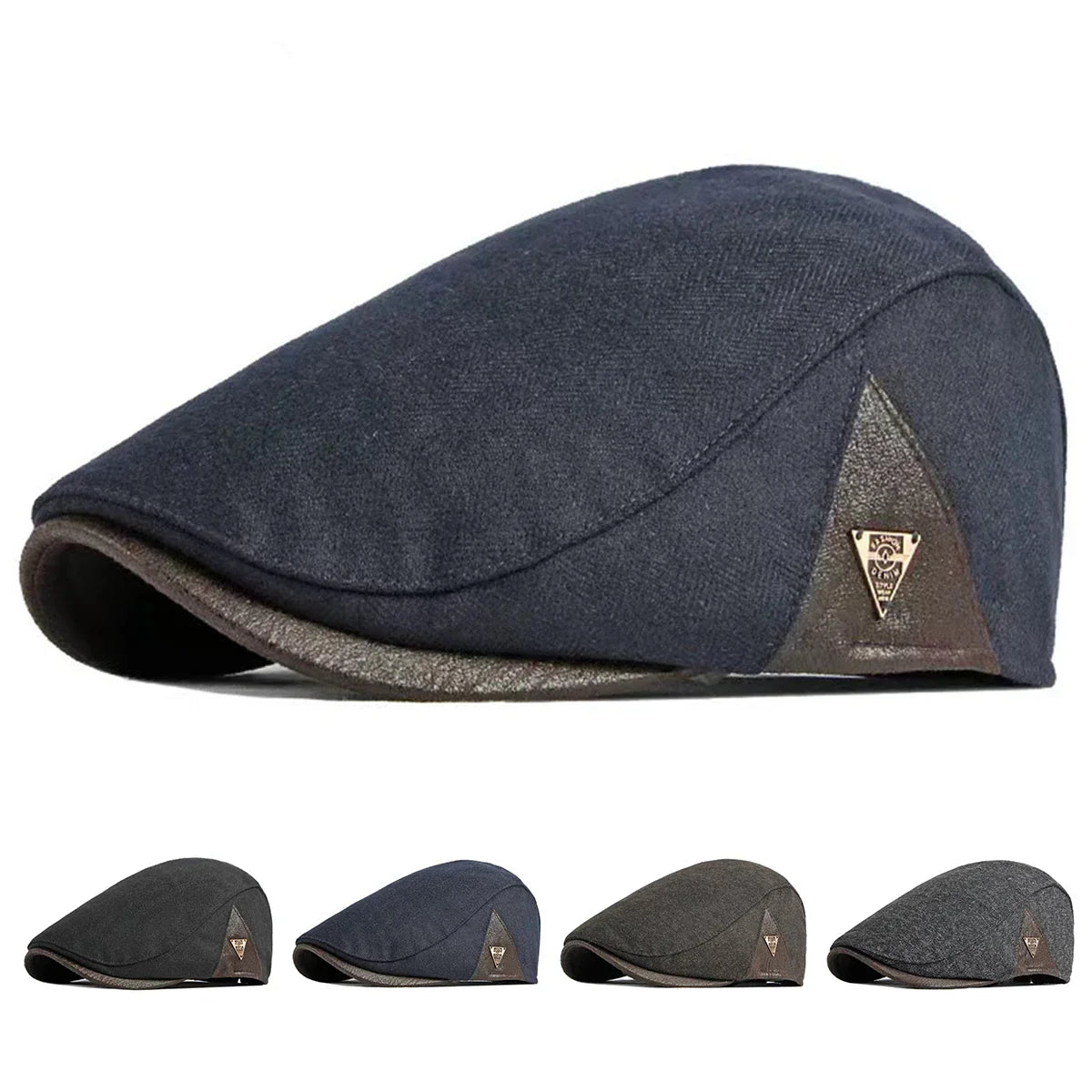 Men's herringbone flat cap with structured brim and triangular metal badge