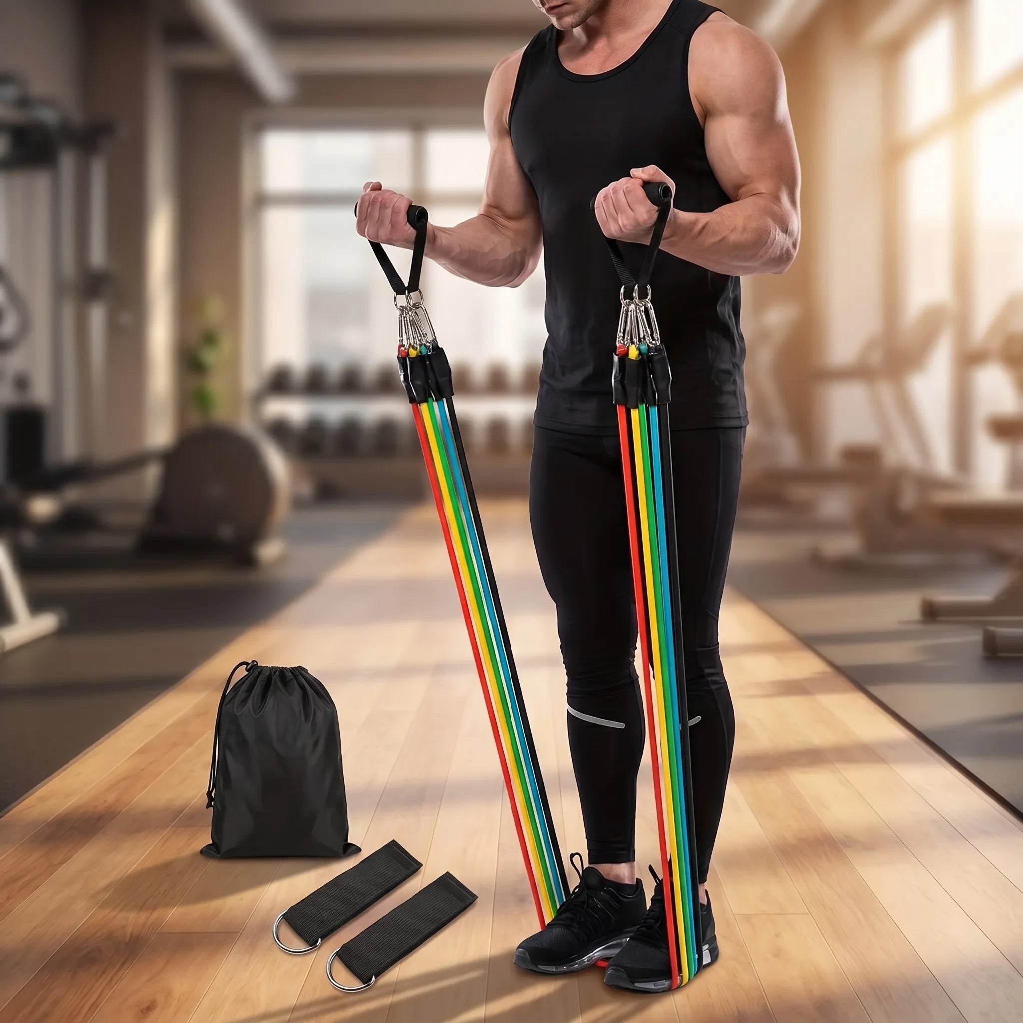 Tubular resistance band set with color-coded tubes and metal carabiner clips