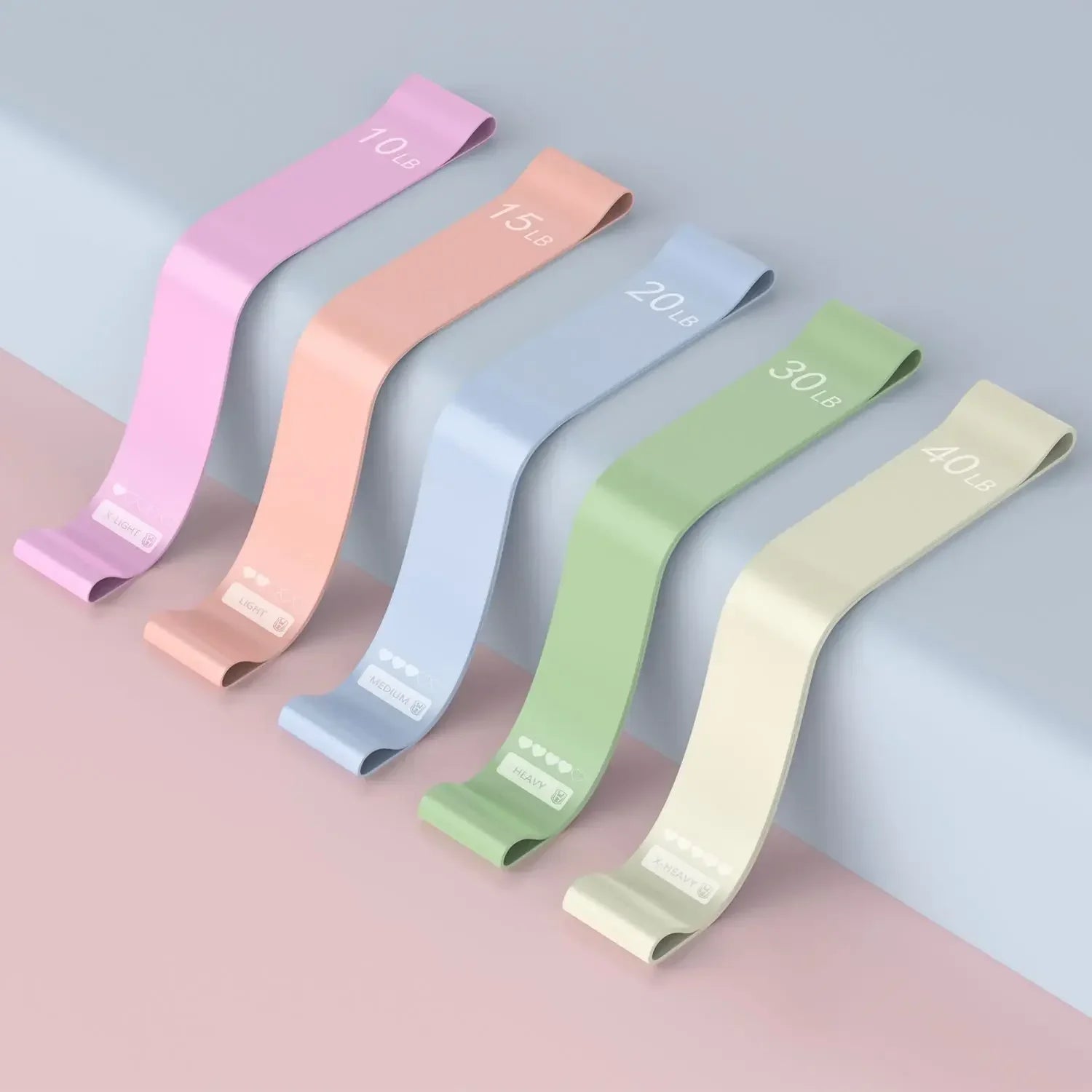 Flat loop resistance bands with five progressive tension levels color-coded system