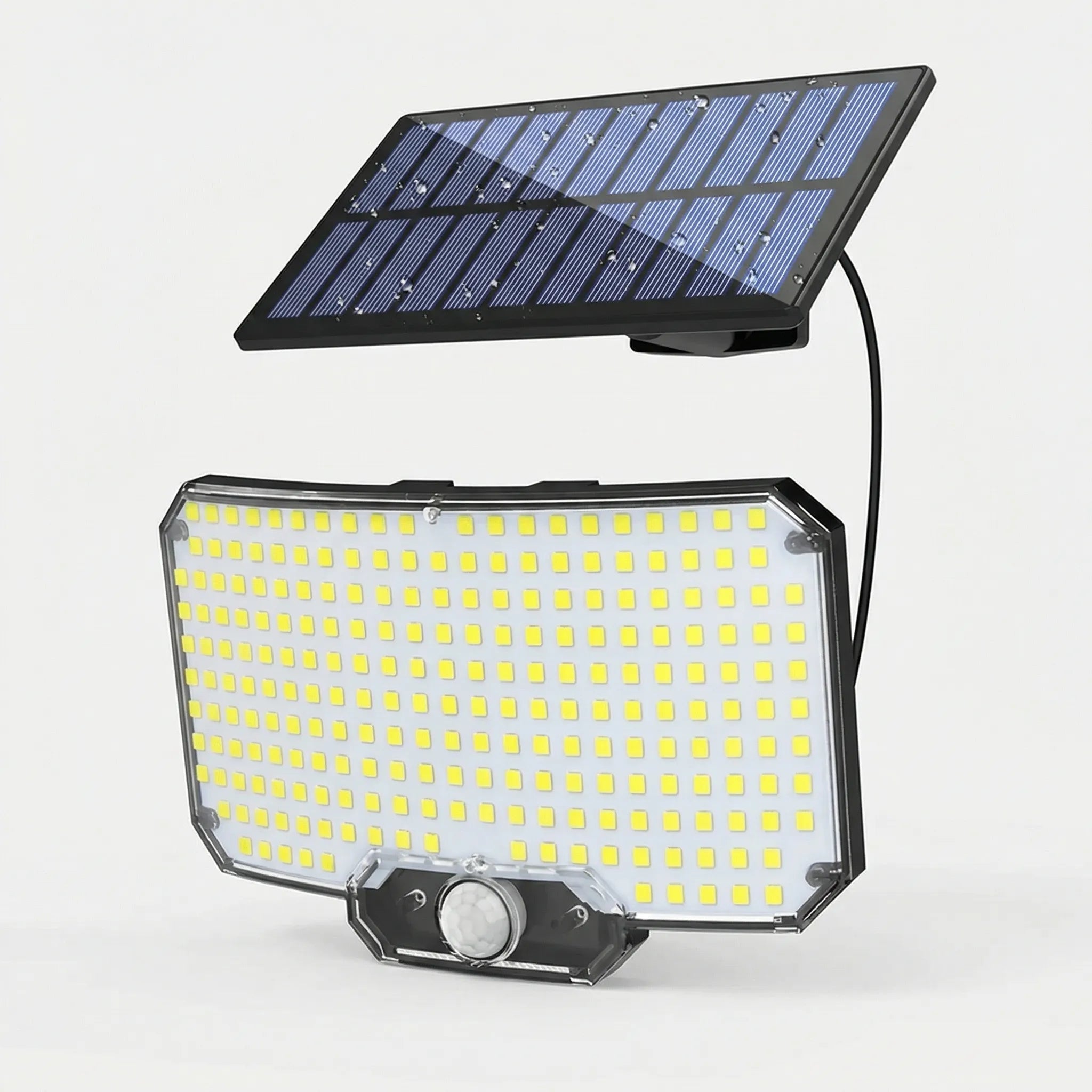 Solar-powered outdoor flood light with 234 LEDs and motion sensor