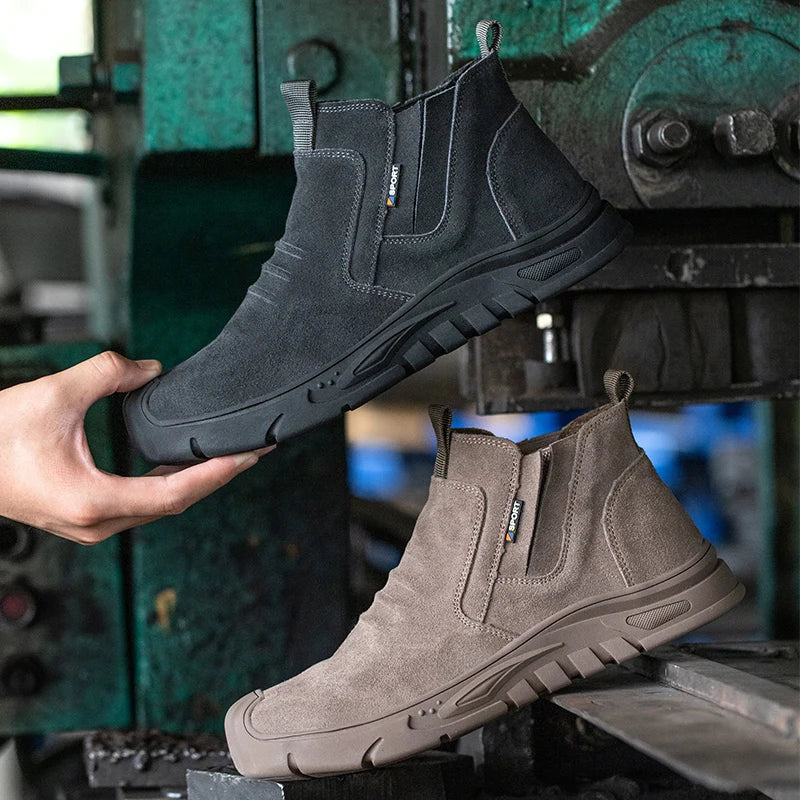 Slip-on safety boot with reinforced toe protection and puncture-resistant sole