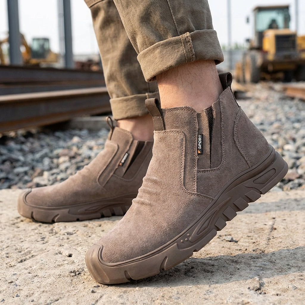 Slip-on safety boot with reinforced toe protection and puncture-resistant sole