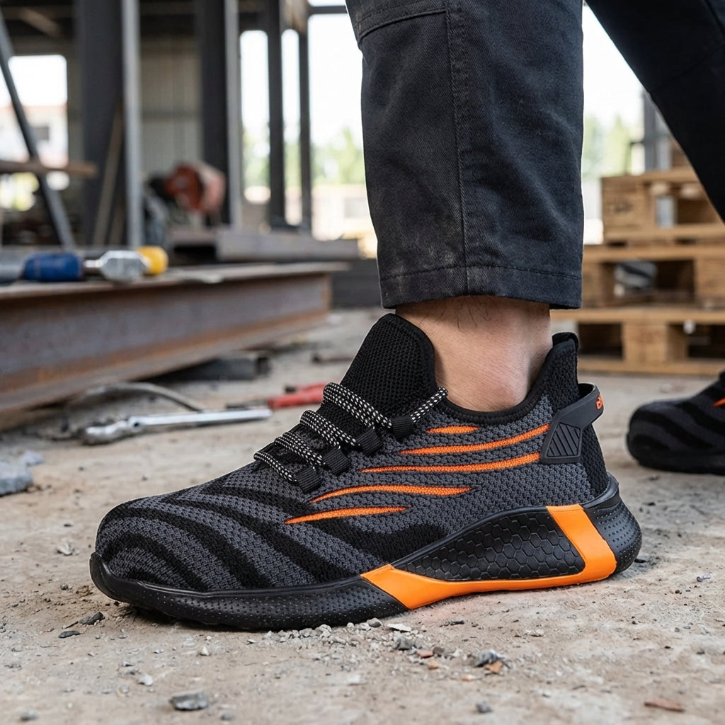 Low profile safety sneakers with reinforced toe protection and breathable upper