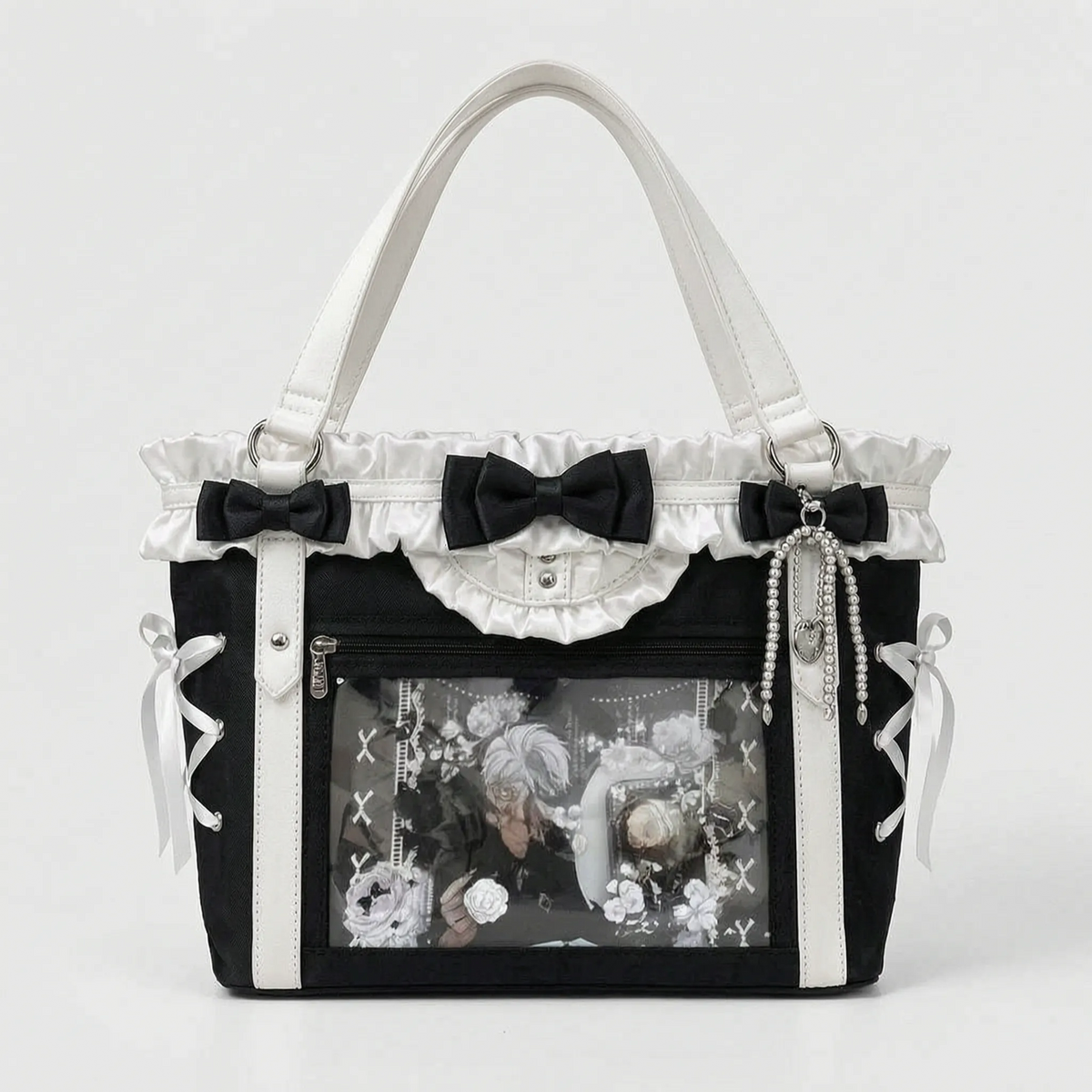 Shoulder bag with clear display window, ruffled trim and bows, preppy style