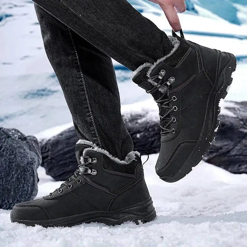Men's winter hiking boot with high top ankle support and non-slip tread