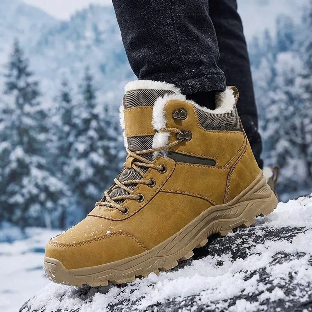 Men's winter hiking boot with high top ankle support and non-slip tread