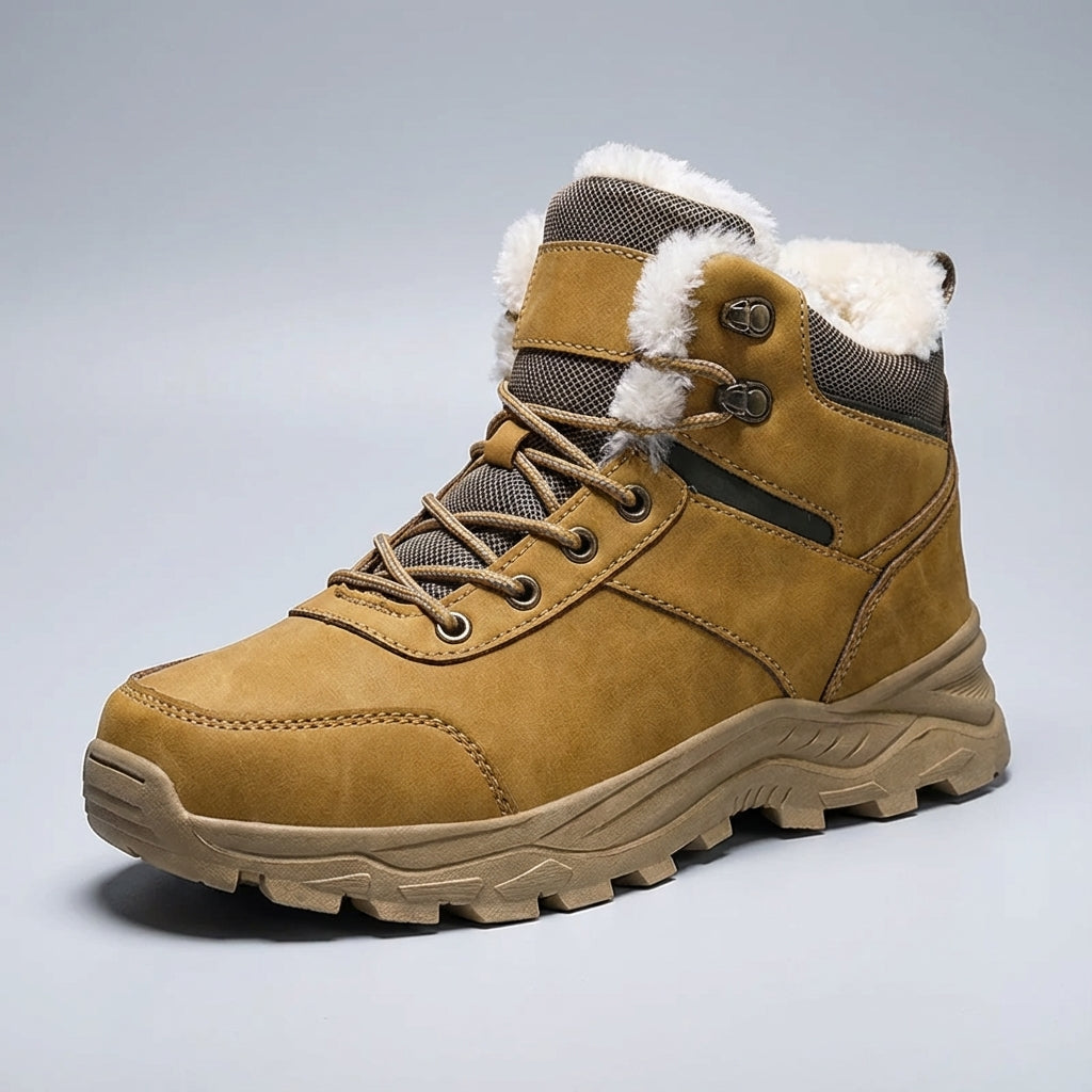 Men's winter hiking boot with high top ankle support and non-slip tread