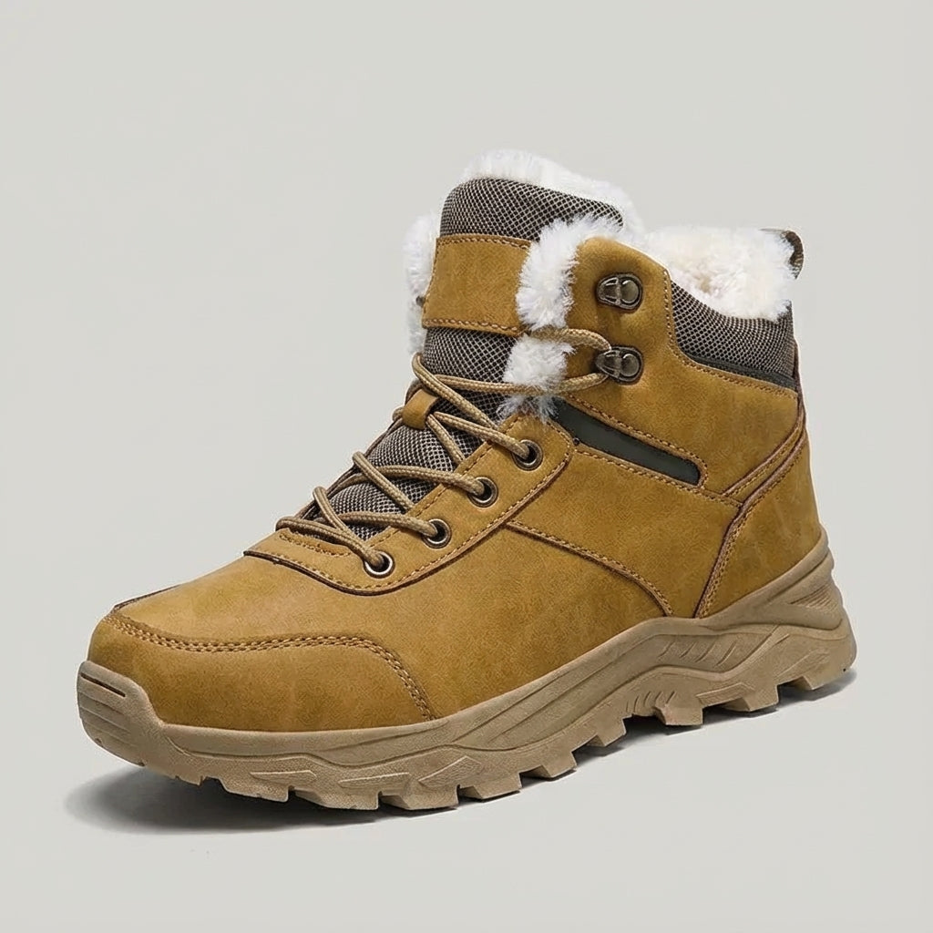 Men's winter hiking boot with high top ankle support and non-slip tread