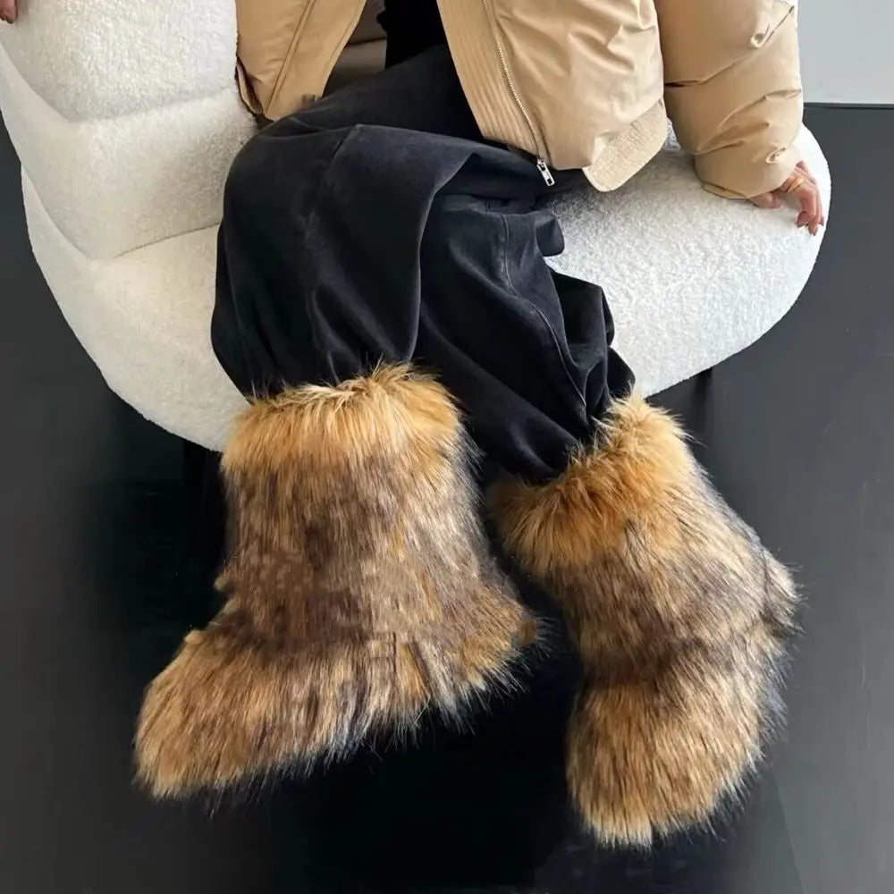 Winter boots calf height artificial fur non-slip sole warm lining