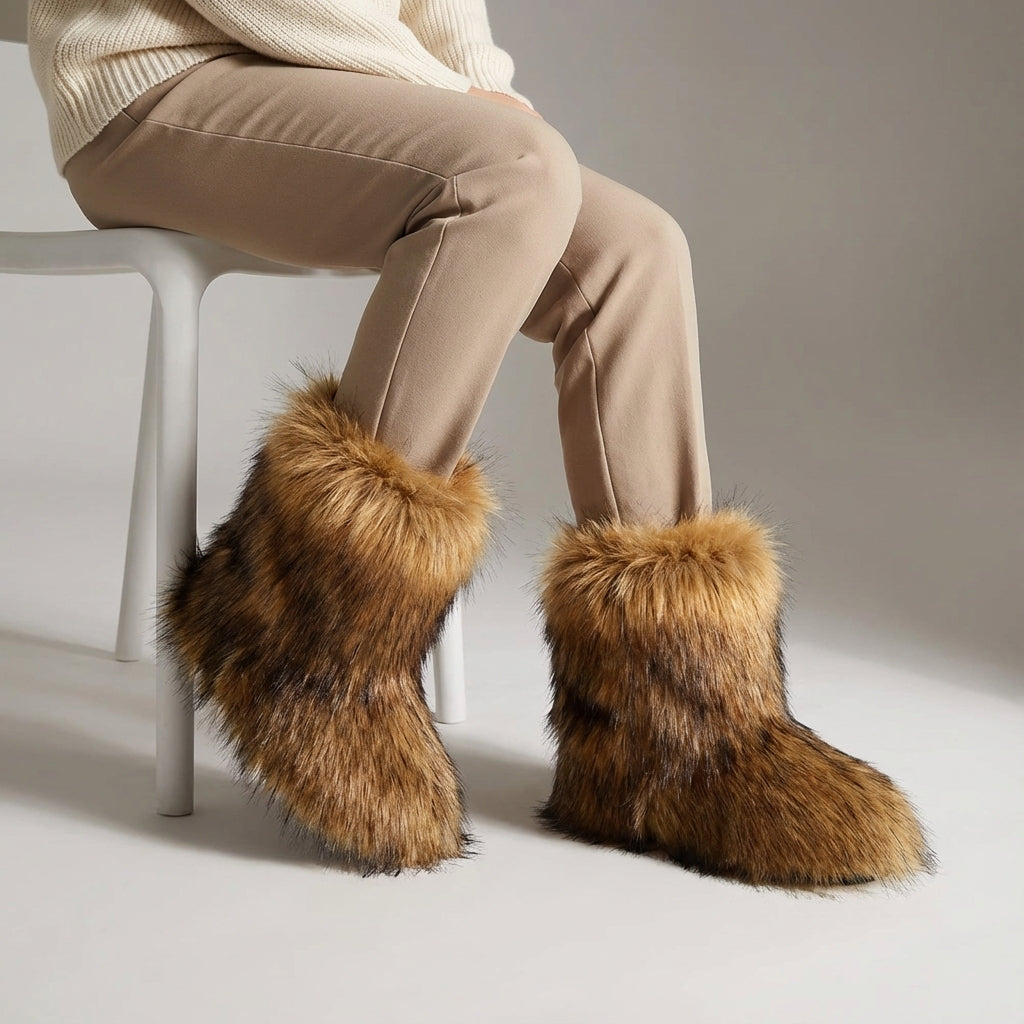 Winter boots calf height artificial fur non-slip sole warm lining