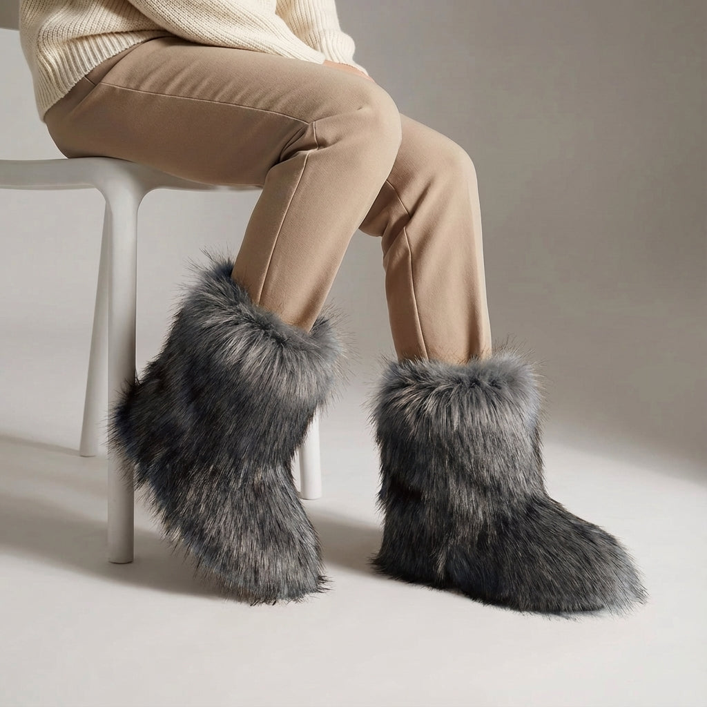 Winter boots calf height artificial fur non-slip sole warm lining