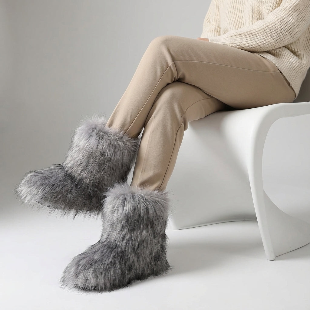 Winter boots calf height artificial fur non-slip sole warm lining