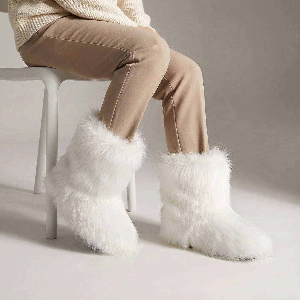 Winter boots calf height artificial fur non-slip sole warm lining