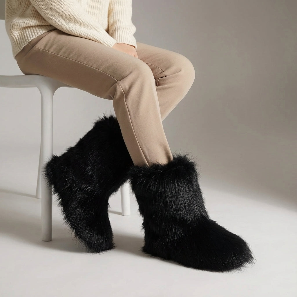 Winter boots calf height artificial fur non-slip sole warm lining